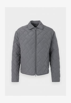 Veste matelassée grise à manches longues, col et fermeture éclair à l'avant, présentée sur un fond blanc uni.