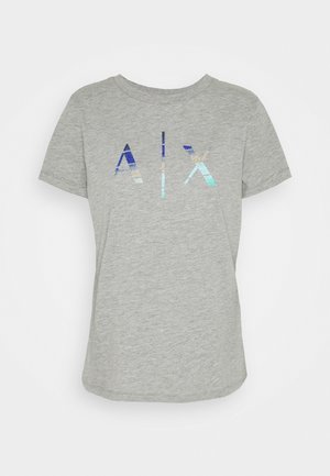 Camiseta de algodón gris de manga corta, con un brillante gráfico "AIX" en tonos de azul y plata en el pecho.