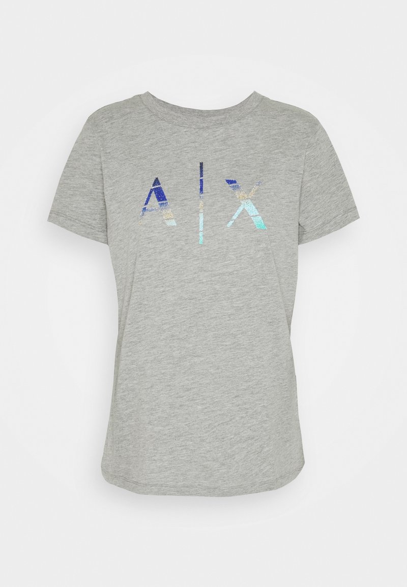 Harmaa puuvillainen t-paita, jossa on lyhyet hihat, ja jonka rinnassa on kiiltävä "AIX" -grafiikka sinisen ja hopean sävyissä.