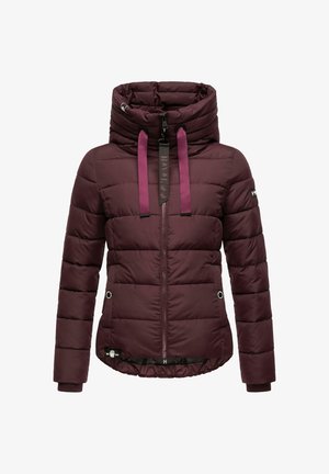 Burgundy puffer jacket featuring a high collar, zip closure, black accents, front pockets, and a quilted pattern. Soft, insulated material.
