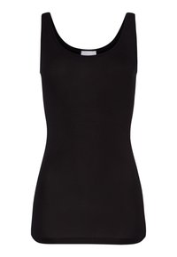 Top nero senza maniche realizzato in tessuto liscio, con scollatura a barca e design aderente. Non sono presenti motivi né decorazioni.