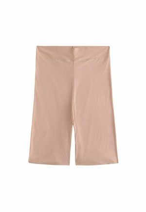Beige knielange, eng anliegende Shorts mit hohem Bund, flach auf weißem Hintergrund dargestellt.
