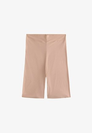 Béžové šortky ke kolenům s vysokým pasem, zobrazené na rovném bílém pozadí.