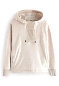 Sudadera con capucha de un beige claro, con un acabado suave y texturizado. Incluye un bolsillo tipo canguro en la parte frontal, cordón ajustable y puños acanalados para mayor comodidad.