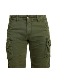 Olivenfarvede cargoshorts med knaplukning foran, sidelommer med klapper og knapper samt bæltestropper.