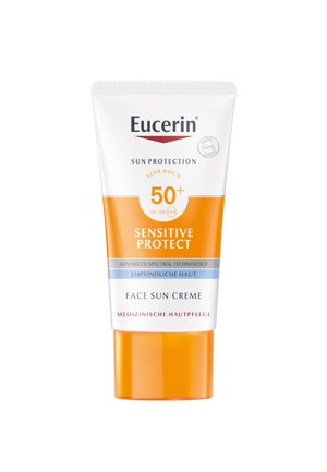 Eucerin Sensitive Protect Gesichts-Sonnencreme Tube, weiß mit orangefarbenen und blauen Akzenten, gekennzeichnet mit SPF 50+, verfügt über einen Klappdeckel und ein elegantes Design.