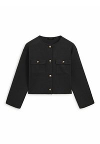 Svart kort jacka med långa ärmar, med rund halsringning, två framfickor och knappar i guldton längs mitten och fickorna.