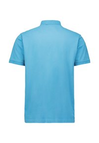 Lichtblauwe polo met een kraag, korte mouwen en een eenvoudig ontwerp. De stof lijkt glad te zijn zonder zichtbare patronen of accenten.