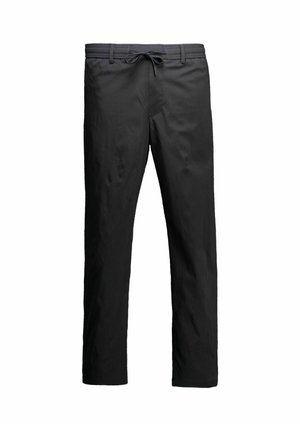 Schwarze Hose mit geradem Bein, elastischem Bund und verstellbarem Kordelzug, hergestellt aus glattem Stoff.