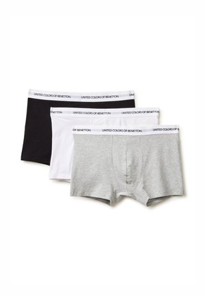 Tre boxer da uomo in nero, bianco e grigio con fascia elastica bianca stampata con "United Colors of Benetton."