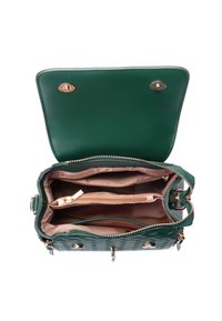 Borsa a tracolla in pelle verde texture con dettagli in oro. L'interno è dotato di più scomparti, compresa una tasca con zip e un rivestimento beige liscio.