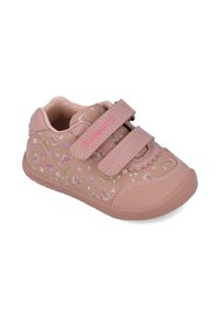 Zapatillas para niños en color rosa con un patrón floral, dos correas de Velcro, punta redondeada y suela de goma texturizada. Material duradero con un diseño transpirable.