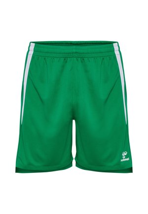 Grüne Sportshorts aus leichtem Stoff, mit weißen seitlichen Streifen und einem kleinen Markenlogo auf der unteren rechten Seite.