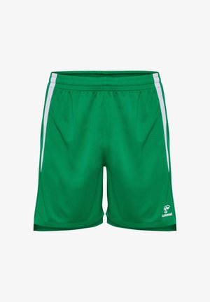 Pantaloni sportivi verdi realizzati in tessuto leggero, con strisce laterali bianche e un piccolo logo del marchio sul lato destro in basso.
