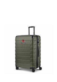Valise rigide vert olive avec quatre roues, une poignée rétractable, une poignée latérale et un logo Tunino Lamborghini rouge sur le devant.
