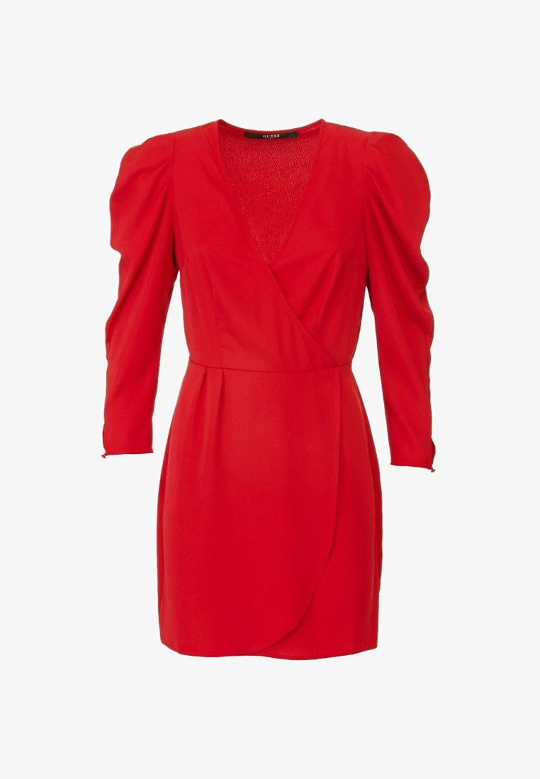 Abito rosso avvolgente con maniche a sbuffo lunghe, scollo a V e silhouette aderente. Tessuto liscio con una leggera lucentezza, orlo fino al ginocchio.