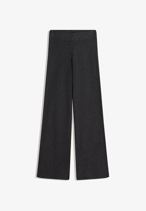 Spodnie o szerokich nogawkach w ciemnoszarym, prążkowanym materiale, z wysokim paskiem i luźnym krojem, odpowiednie do noszenia na co dzień.