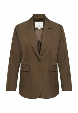 Blazer marron à un bouton avec revers crantés, poches à rabat et une doublure intérieure lisse, présenté sur fond blanc.