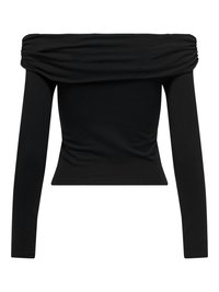 Čierny top s dlhými rukávmi a odhalenými ramenami, so zbieraným výstrihom a priliehavým pásom, navrhnutý pre štíhlu siluetu.