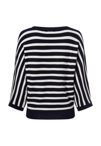 Gestreifter Pullover in Marineblau und Weiß mit Dreiviertelärmeln, einem weit geschnittenen Ausschnitt und einem einfarbigen marineblauen Saum, gefertigt aus einem weichen, strukturierten Stoff.
