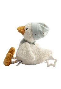 Plush duck toy with white fluffy body, orange beak, blue hat, and scarf. Features a star-shaped teether attached.