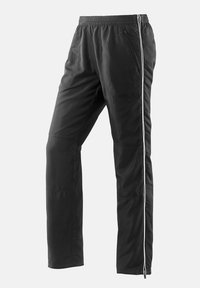 Schwarze Sporthosen aus leichtem Stoff mit elastischem Bund, seitlichen Taschen, einem weißen Seitenstreifen und Reißverschlussbündchen.