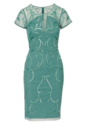 Teal dress with short sheer sleeves, featuring intricate beaded floral patterns and a fitted silhouette, zip closure at back.