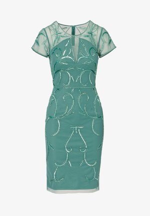 Teal dress with short sheer sleeves, featuring intricate beaded floral patterns and a fitted silhouette, zip closure at back.