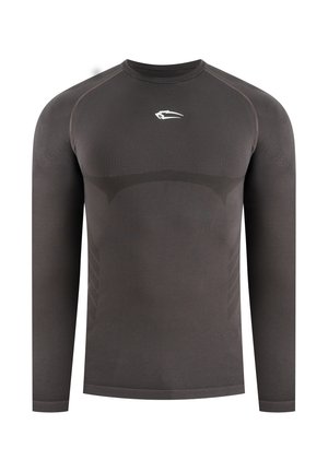 T-shirt de sport à manches longues gris foncé avec col rond, design sans couture, motifs subtils en relief et petit logo blanc sur la poitrine.