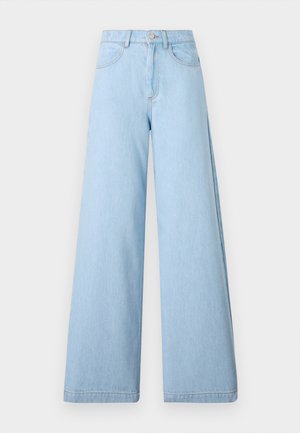 Lichtblauwe wijd gewaide jeans van denim, met een hoge taille, voorzakken en schone zomen met minimale stikdetails.