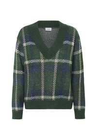 Grüner V-Ausschnitt-Pullover mit blauem, weißem und beige kariertem Muster, gerippte Bündchen und Saum, Vorderansicht auf weißem Hintergrund.