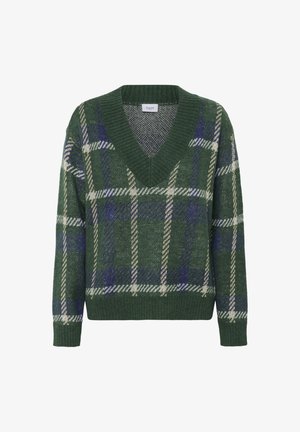 Vihreä V-kaula-aukkoinen villapaita, jossa on sininen, valkoinen ja beige ruutukuosi, ribbetut hihansuut ja helma, etunäkymä valkoista taustaa vasten.