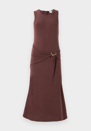 Sleeveless brown midi dress made of smooth fabric, featuring a twisted design at the waist with gold hardware detail.