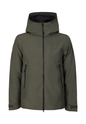 Chaqueta con capucha de color verde oliva con cremallera frontal, bolsillos laterales con cremallera, correas ajustables en las muñecas y logotipo de la marca en el pecho.