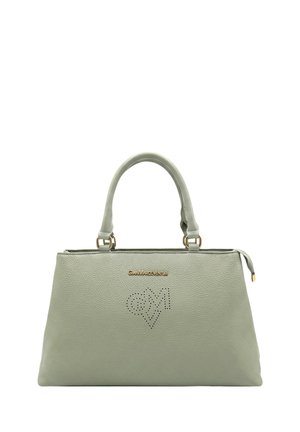Light green textured leather handbag with two handles, gold logo reading GianMarcoVenturi, and perforated GMV heart design on front.