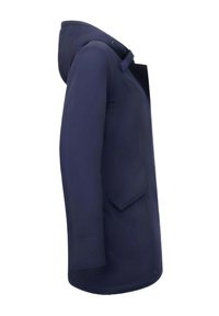 Marineblauw waterdicht jack met een capuchon, voorzien van een voorvak met klep, een gladde textuur en een recht gesneden ontwerp.