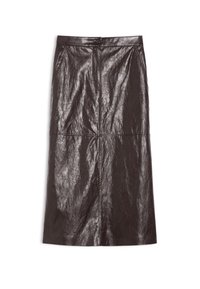 Gonna midi in pelle nera con una trama liscia, caratterizzata da una cucitura centrale anteriore e una vita aderente.