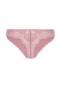 Culotte en dentelle rose avec une base transparente, ornée d'un délicat motif floral en dentelle le long de la taille et des ouvertures des jambes. Texture lisse sur l'ensemble.