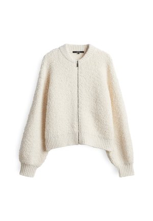 Cremefarbene Zip-Jacke aus strukturiertem Fleece-Material, mit Rundhalsausschnitt und gerippten Bündchen, in verkürztem Schnitt.