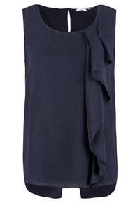 Blouse bleu marine sans manches avec encolure ronde et détail de volants en cascade sur le devant droit, dotée d'une fermeture au dos avec ouverture en goutte d'eau.