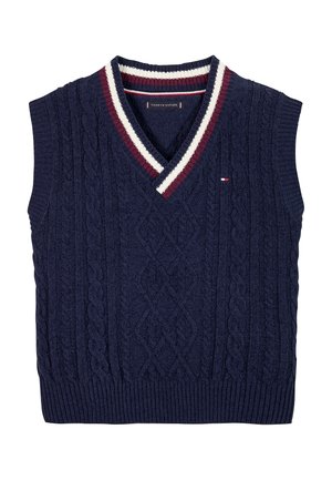 Suéter sin mangas azul marino con cuello en V, con textura de punto trenzado y dobladillo acanalado. Con un cuello a rayas tricolor como detalle.