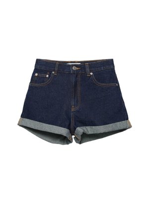 Mørkeblå denimshorts med opkørte kanter, knaplukning, bæltestropper samt for- og baglommer.