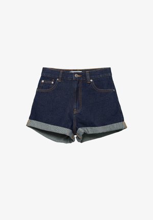 Pantaloni scurți din denim albastru închis, cu tivuri întoarse, închidere cu nasturi, bucle pentru curea și buzunare față și spate.