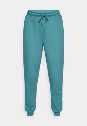 Turquoise sweatpants gemaakt van zacht materiaal, met een verstelbare trekkoord tailleband en taps toelopende boorden bij de enkels.