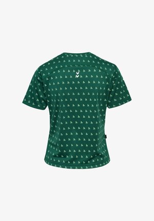 Donkergroen T-shirt met korte mouwen met kleine witte fietsjespatronen en twee witte chevronlogo’s, gecentreerd vlak bij de bovenrug.