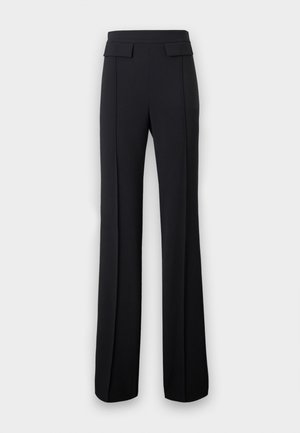 Pantaloni negri, croiți, cu talie înaltă, cu picioare largi și detalii decorative cu clapetă lângă talie, expuși pe un fundal simplu.