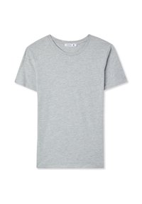 T-shirt grigio a maniche corte realizzato in tessuto morbido, con scollatura rotonda e un design minimalista senza motivi o loghi.