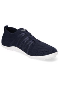 Men's navy-blue lightweight sneaker with a breathable mesh upper, elastic straps, and white rubber sole, featuring a textured knit pattern.