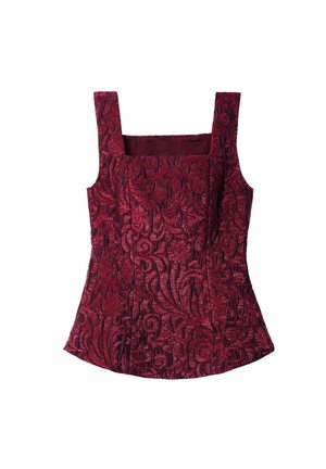Haut sans manches bourgogne avec décolleté carré, présentant une broderie texturée complexe et une silhouette ajustée. Fini satiné.