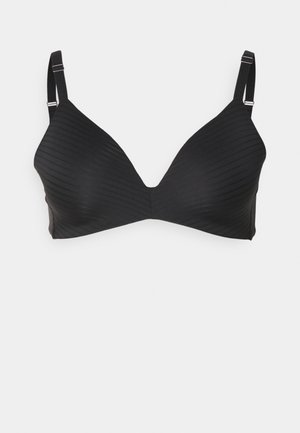 Black bra with triangular cups, ribbed texture, adjustable straps, and metallic hardware accents. Smooth fabric finish, no underwire.